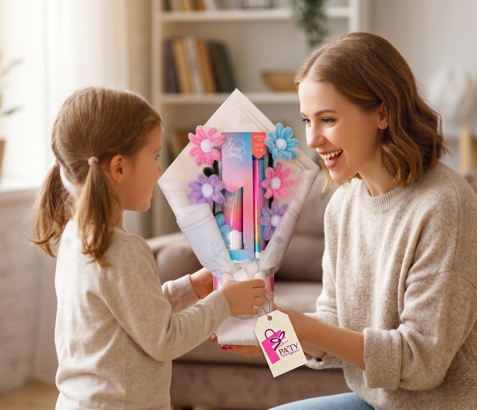 Madre feliz recibiendo regalo